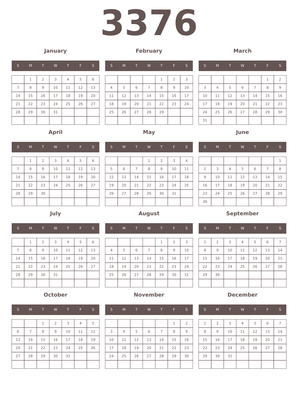 Printable 3376 Year Calendars wenge