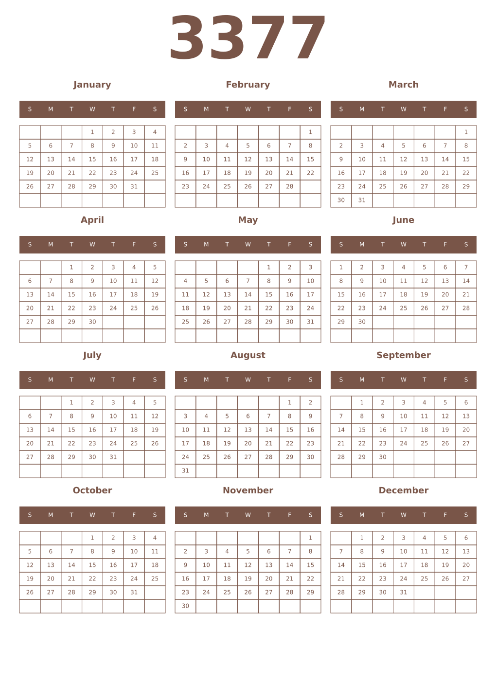 Printable 3377 Year Calendars coffe