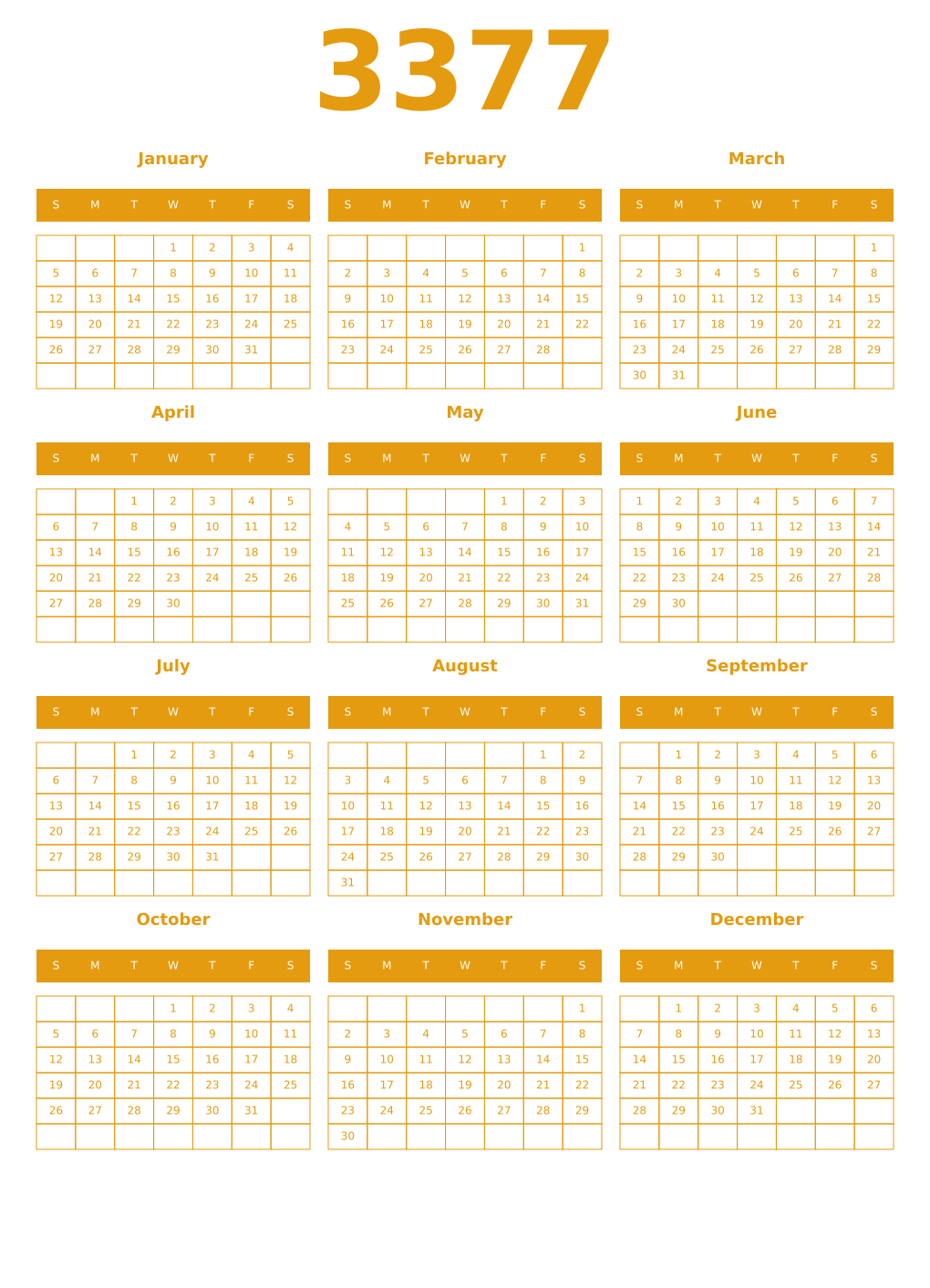 Printable 3377 Year Calendars gamboge