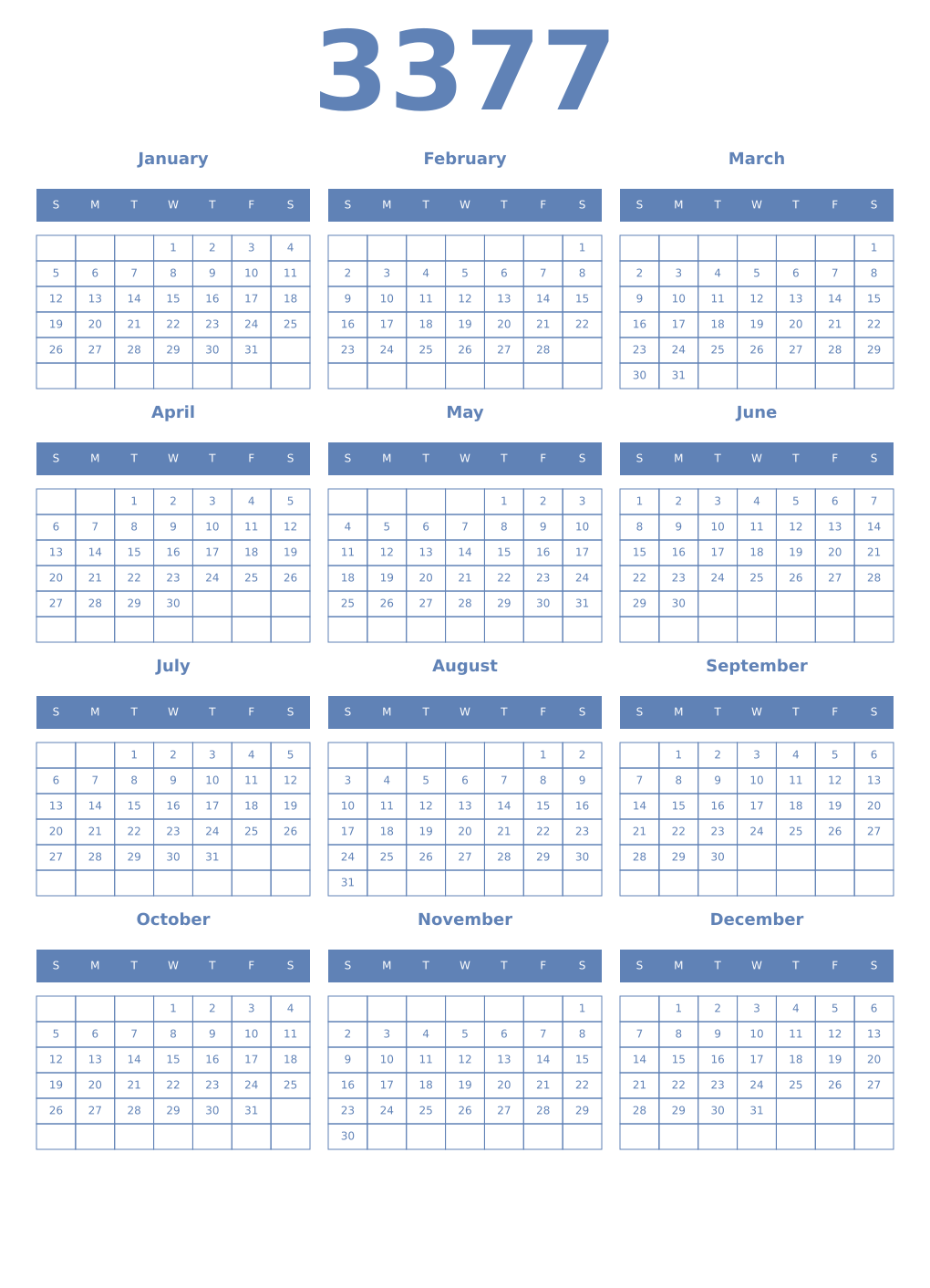 Printable 3377 Year Calendars glaucous