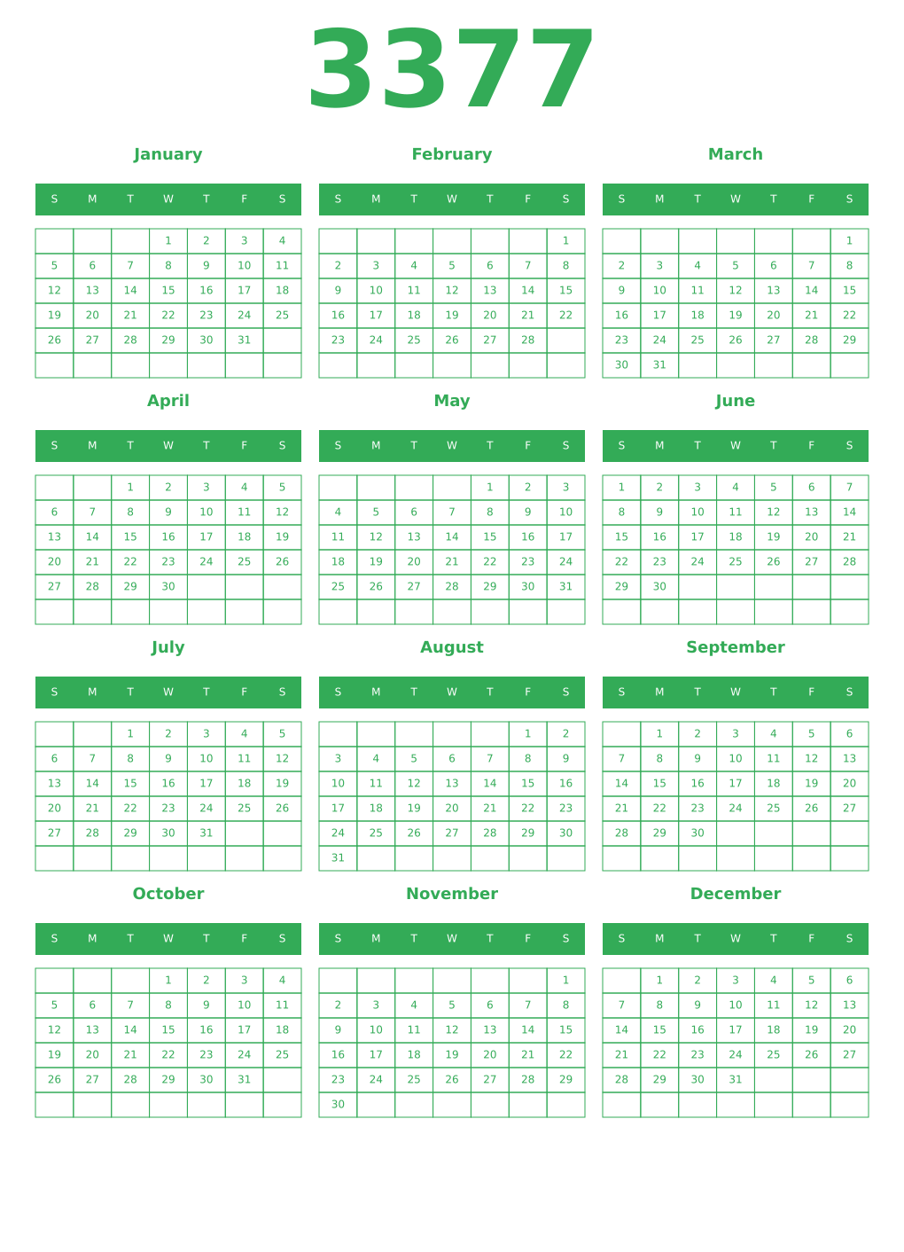 Printable 3377 Year Calendars green
