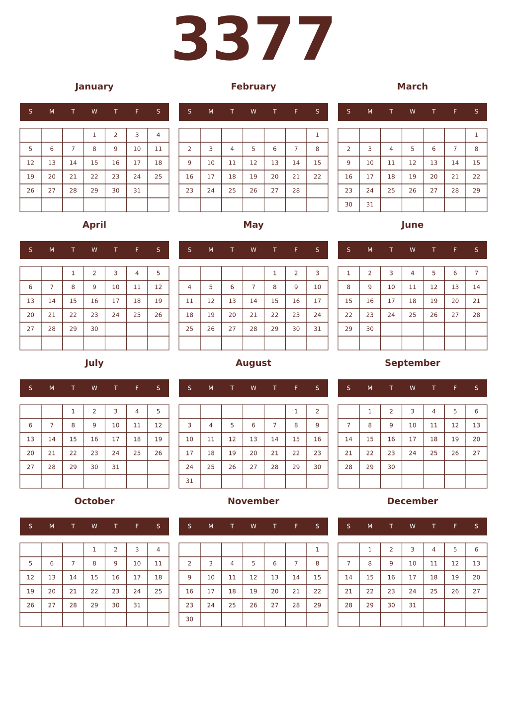 Printable 3377 Year Calendars mortuum