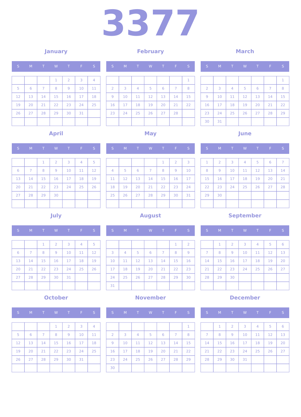 Printable 3377 Year Calendars periwinkle