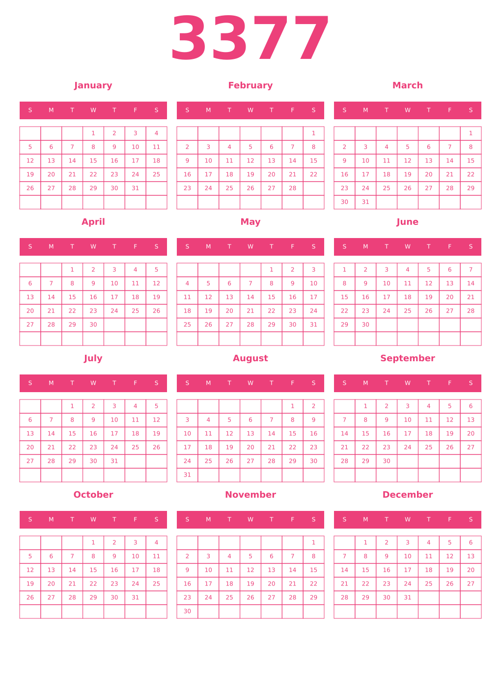 Printable 3377 Year Calendars pink