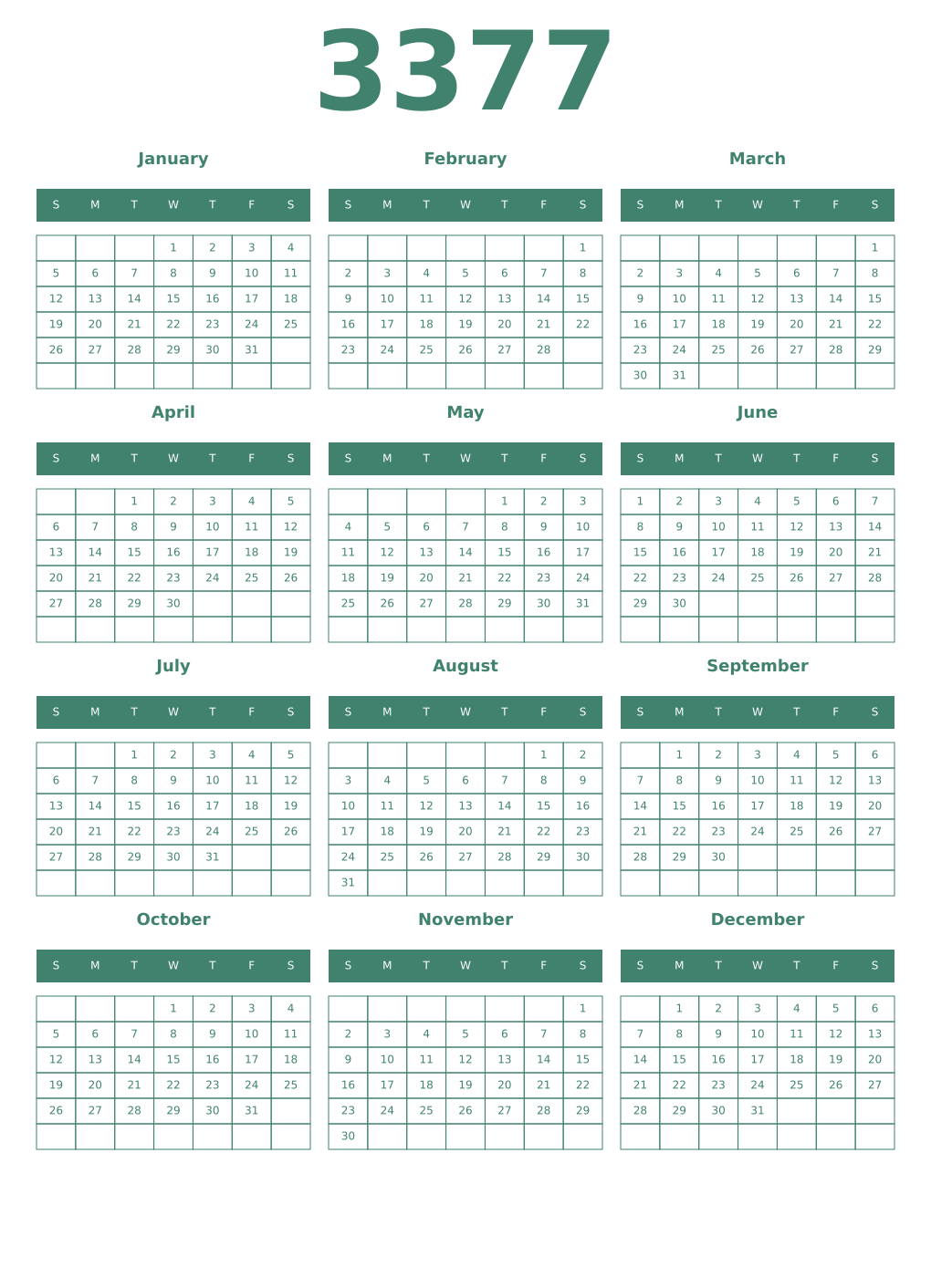 Printable 3377 Year Calendars viridian