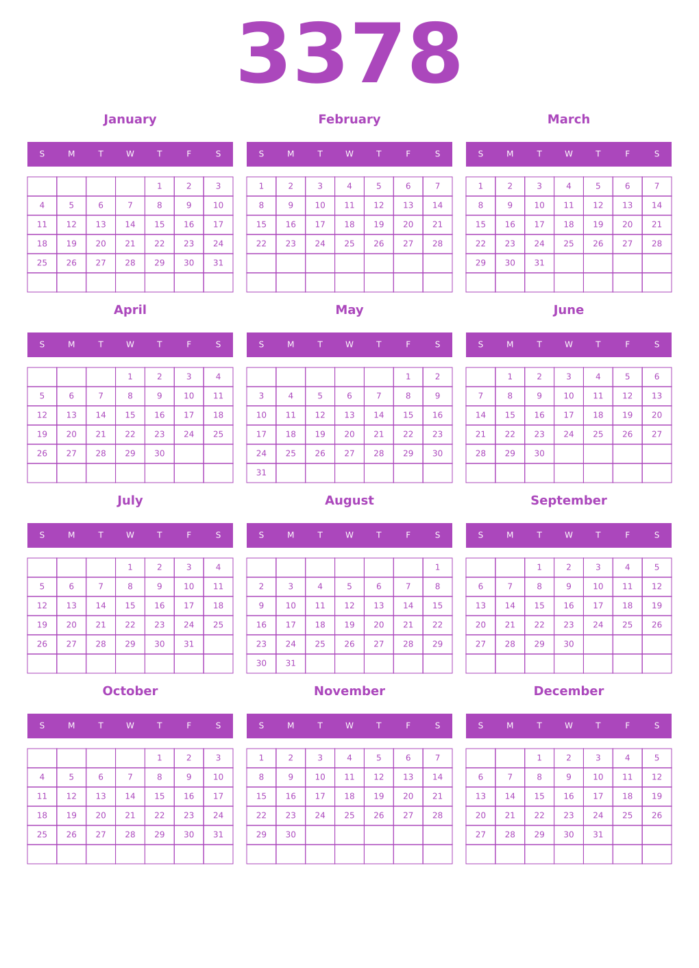 Printable 3378 Year Calendars purple