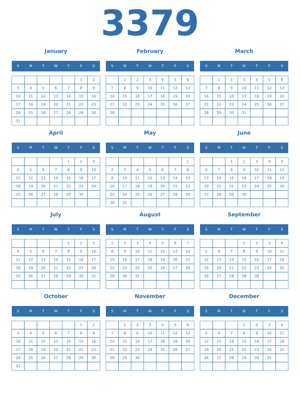 Printable 3379 Year Calendars blue