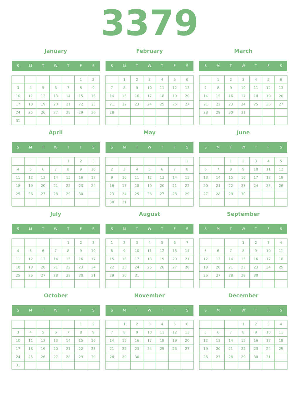 Printable 3379 Year Calendars celadon