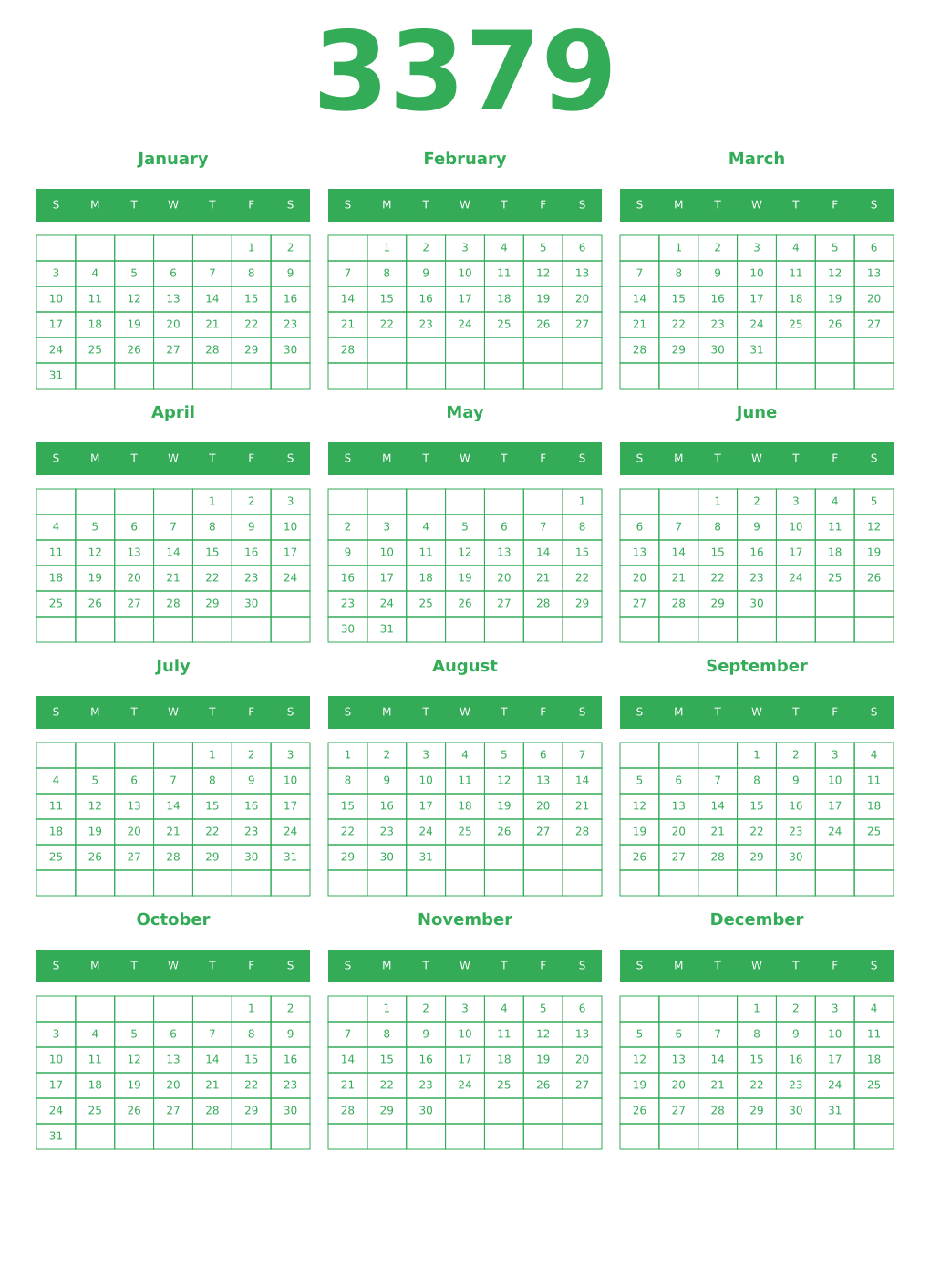 Printable 3379 Year Calendars green