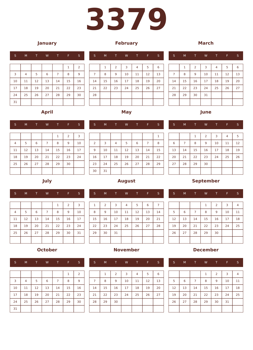 Printable 3379 Year Calendars mortuum