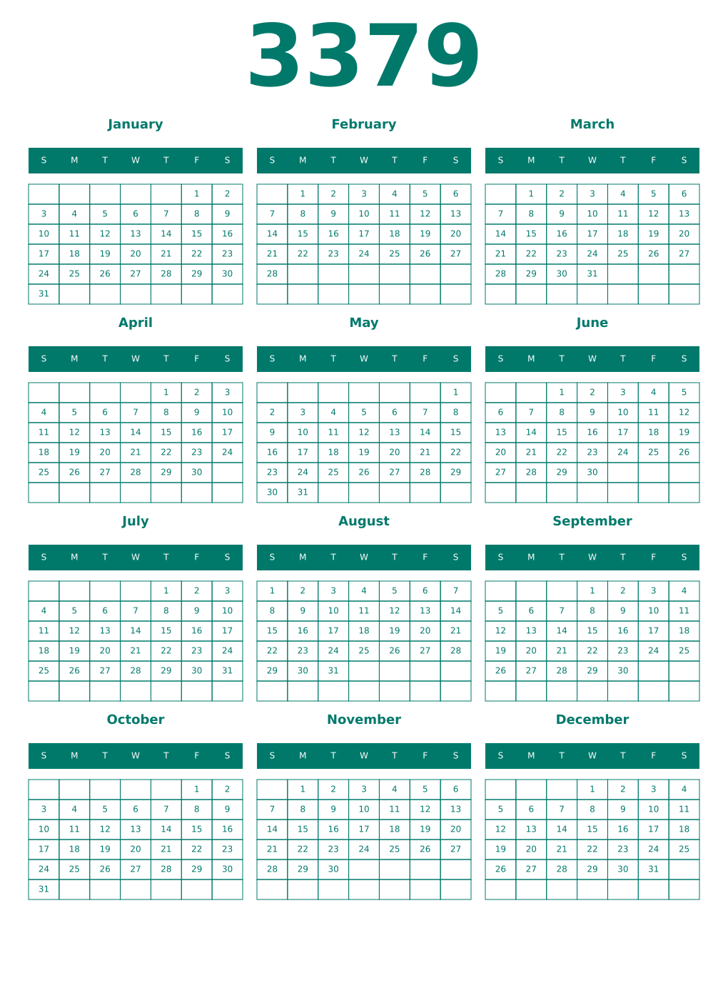 Printable 3379 Year Calendars pastel