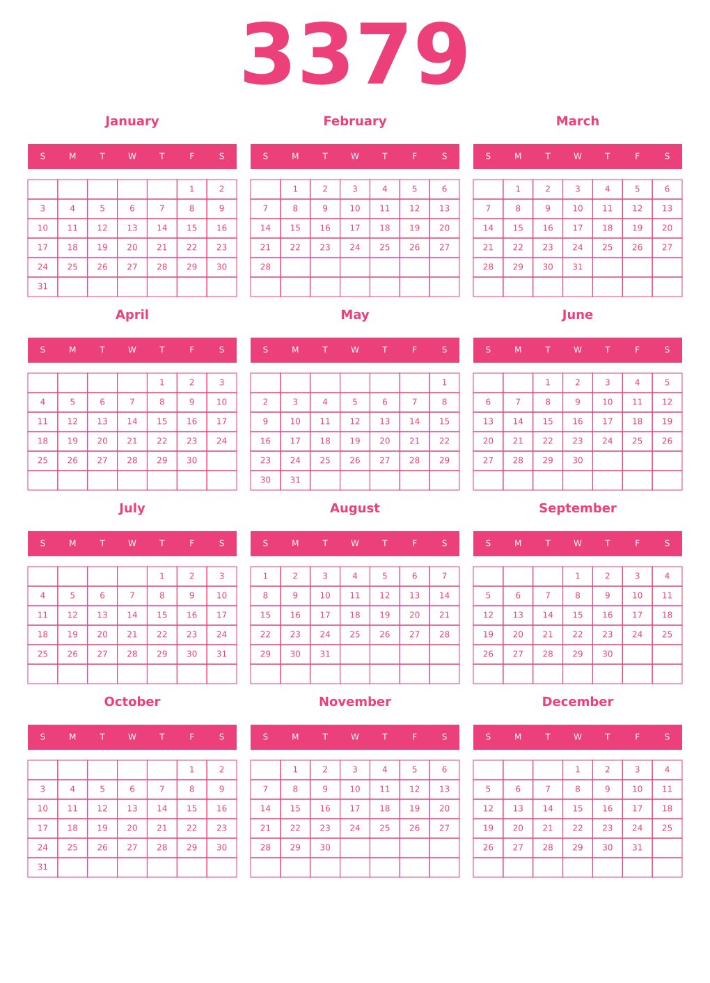 Printable 3379 Year Calendars pink