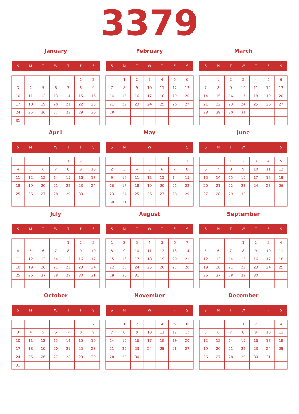 Printable 3379 Year Calendars red