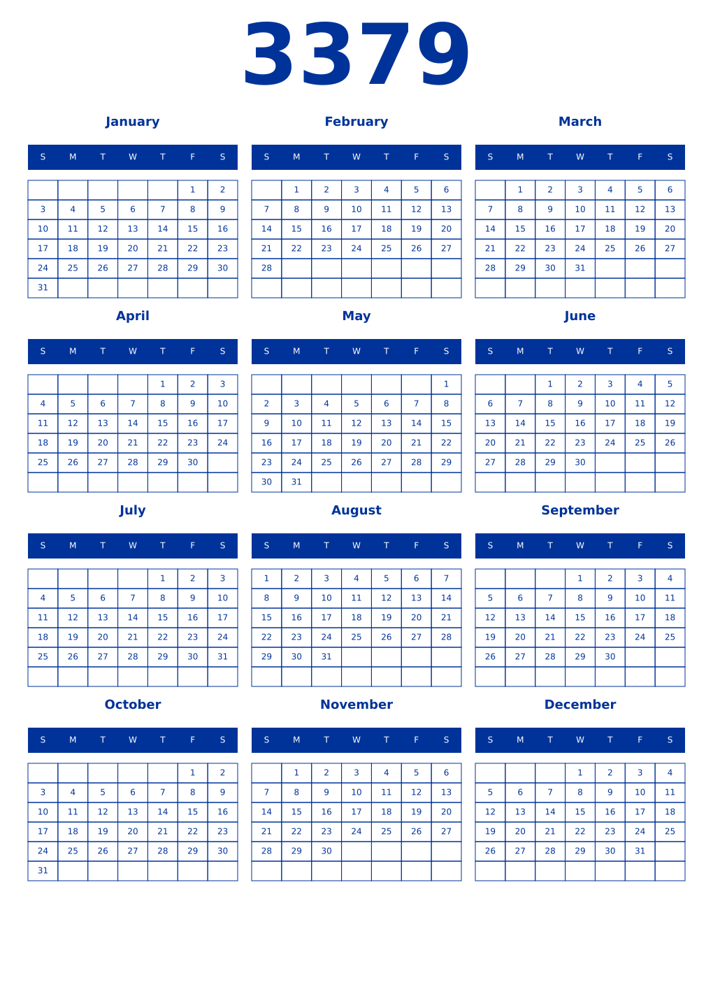 Printable 3379 Year Calendars smalt