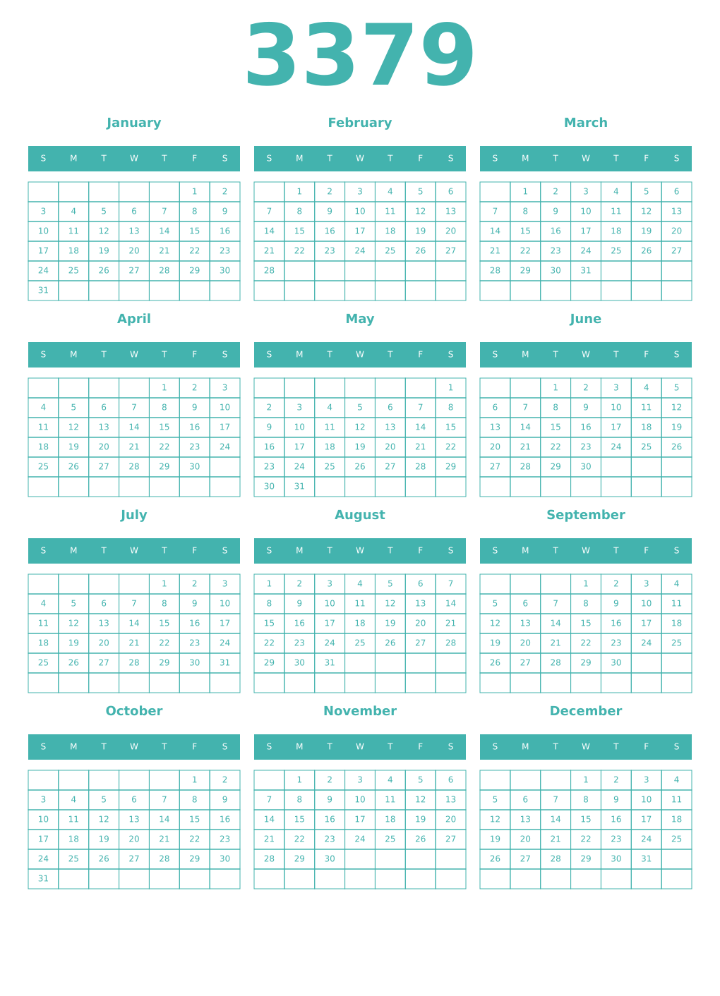 Printable 3379 Year Calendars verdigris