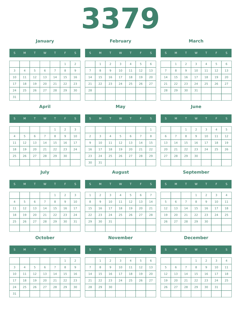 Printable 3379 Year Calendars viridian