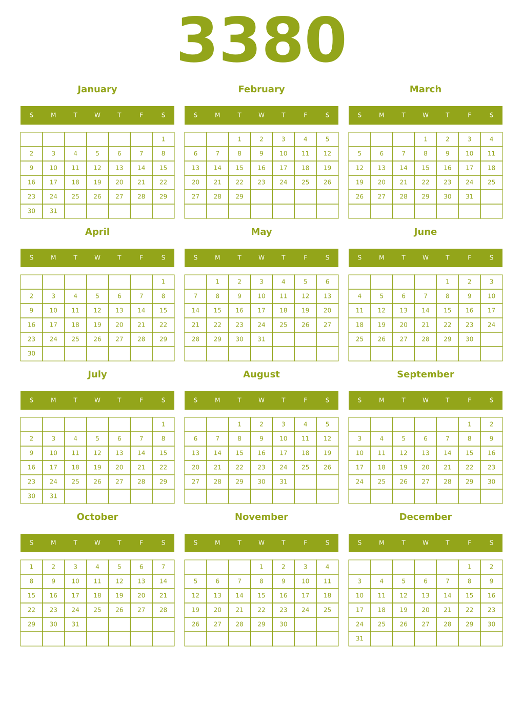 Printable 3380 Year Calendars chartreuse