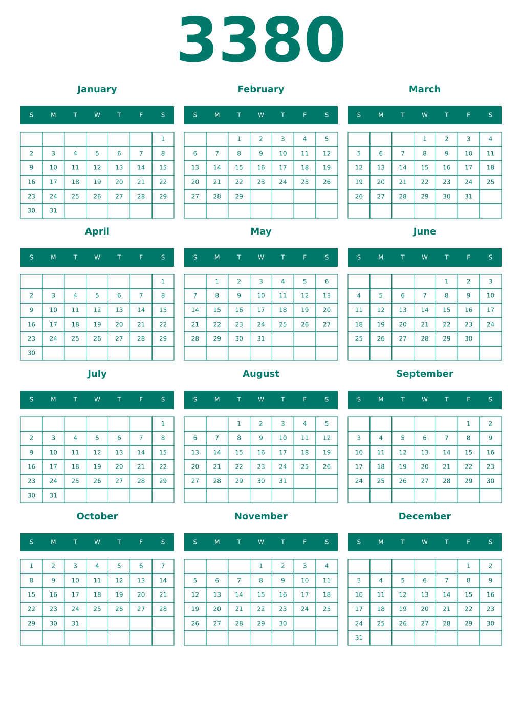 Printable 3380 Year Calendars pastel