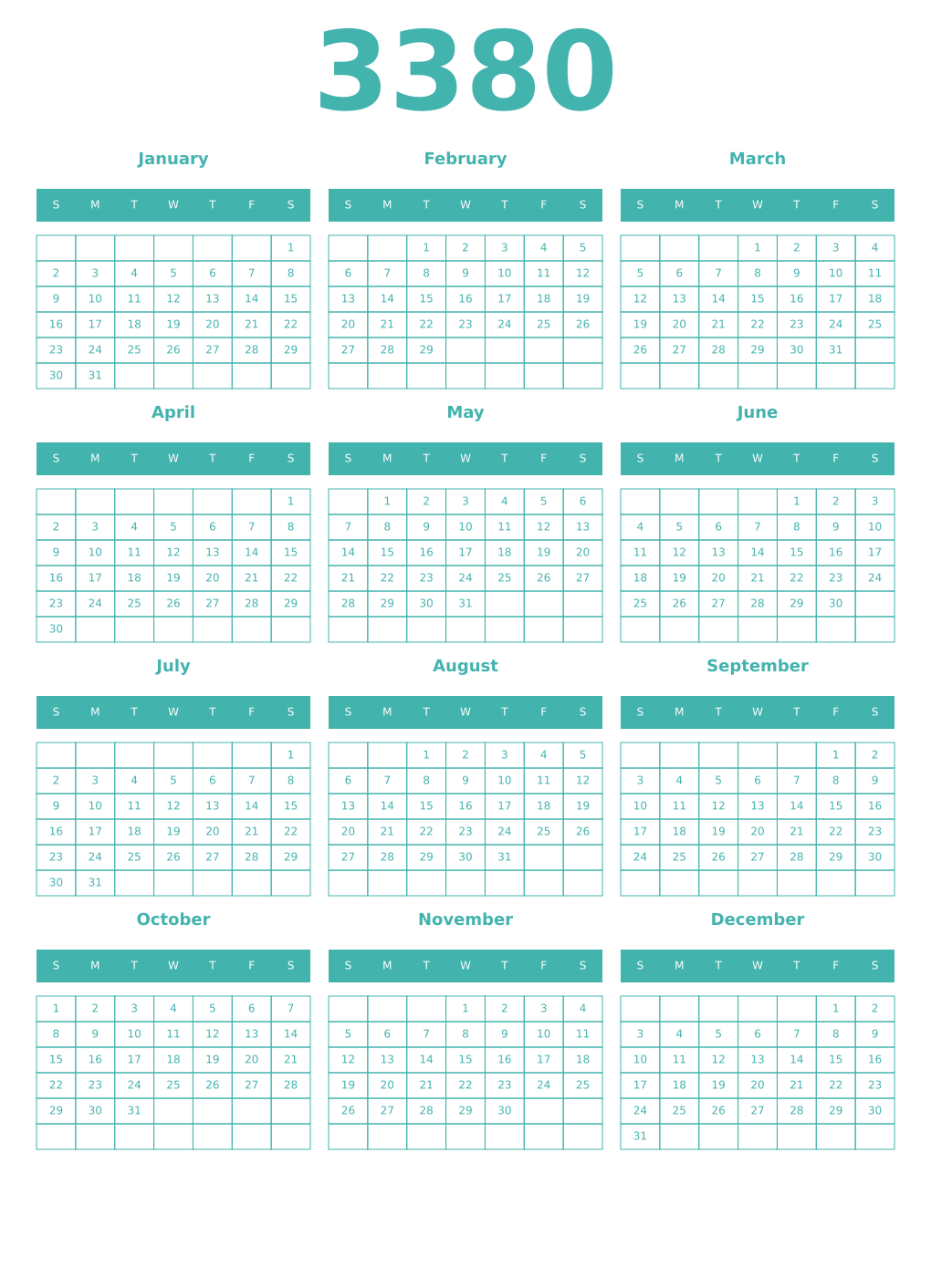Printable 3380 Year Calendars verdigris