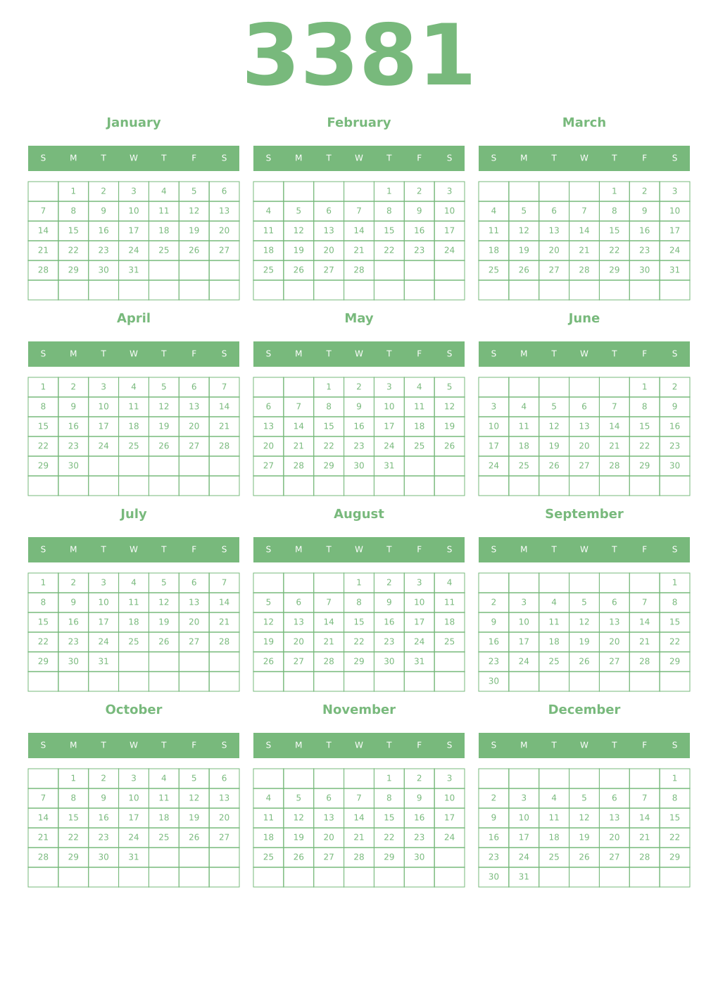Printable 3381 Year Calendars celadon