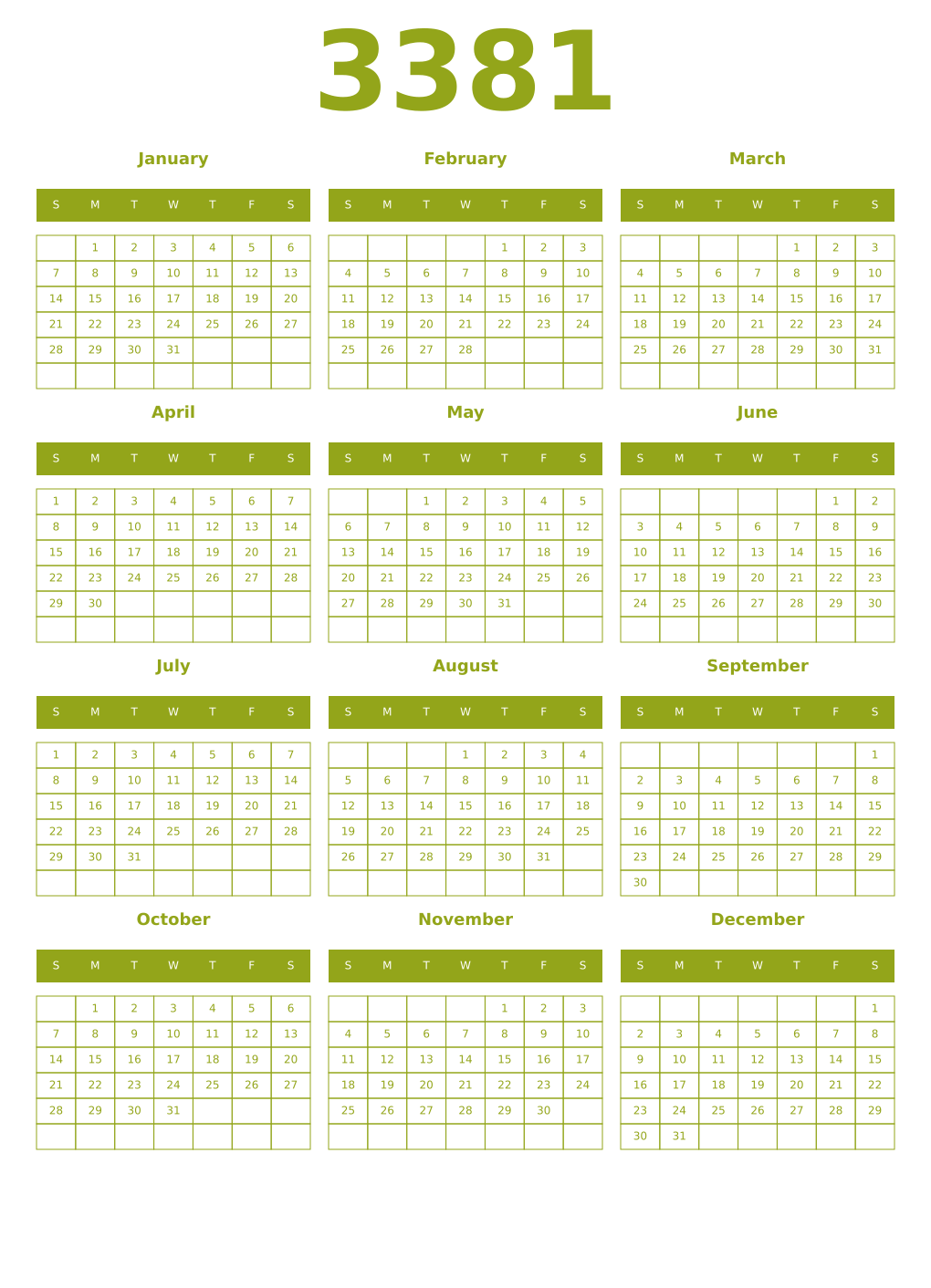 Printable 3381 Year Calendars chartreuse