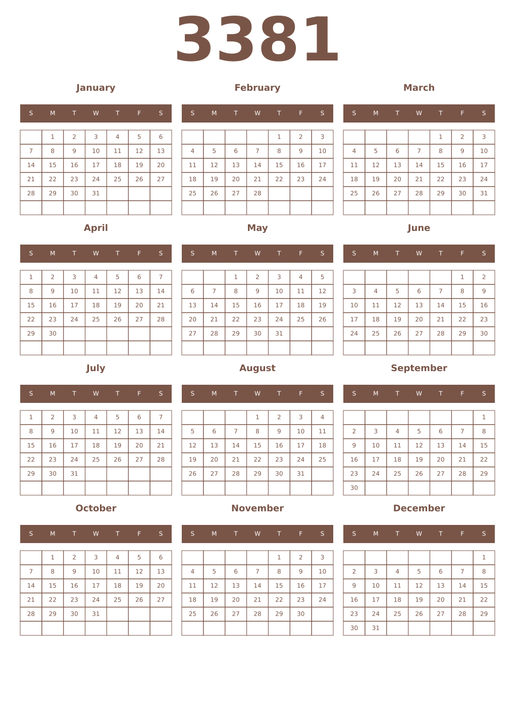 Printable 3381 Year Calendars coffe