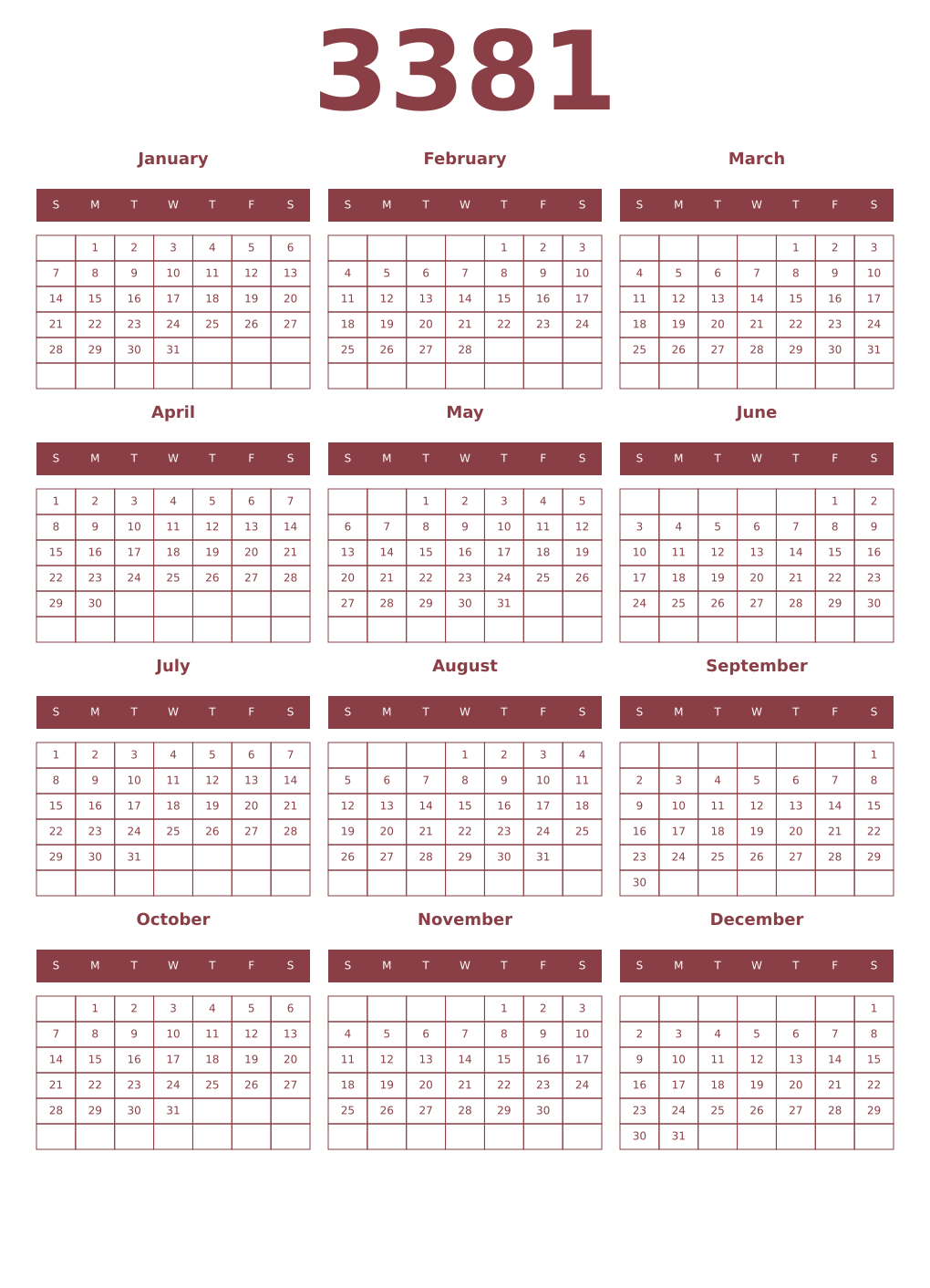Printable 3381 Year Calendars cordovan