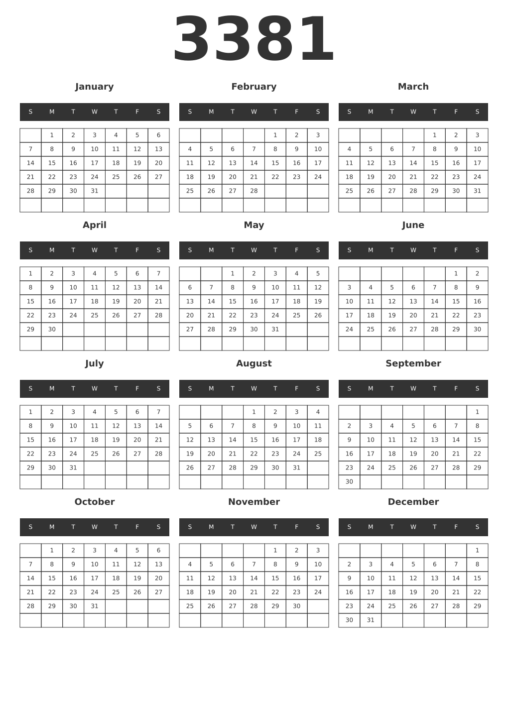 Printable 3381 Year Calendars dark