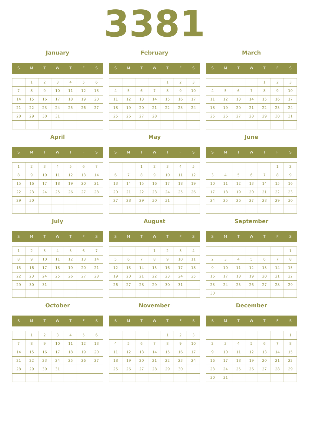 Printable 3381 Year Calendars eburnean