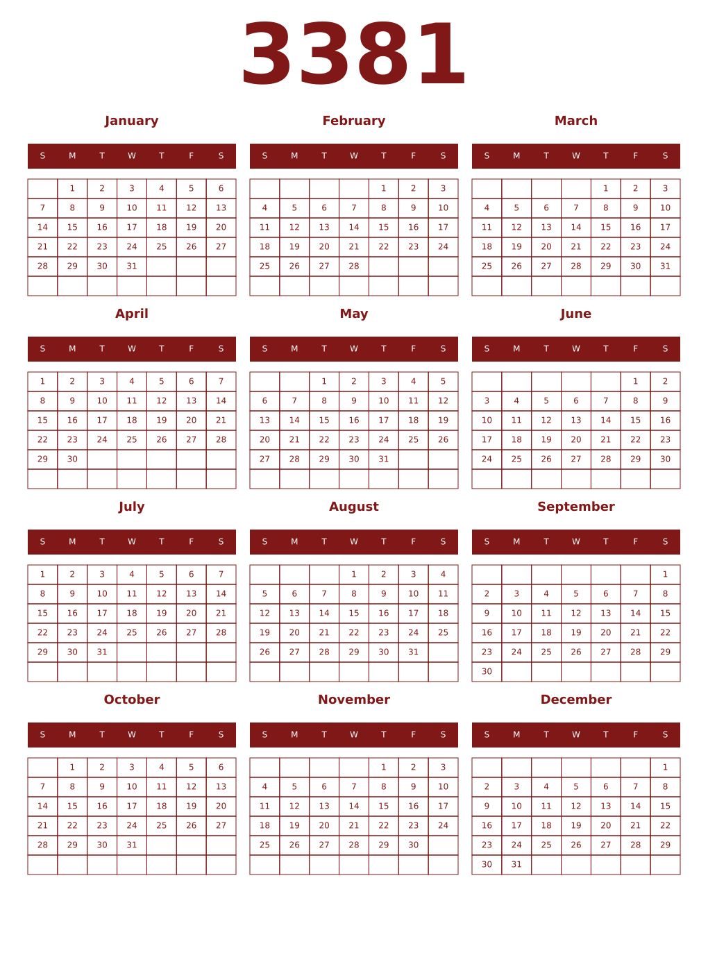 Printable 3381 Year Calendars falu