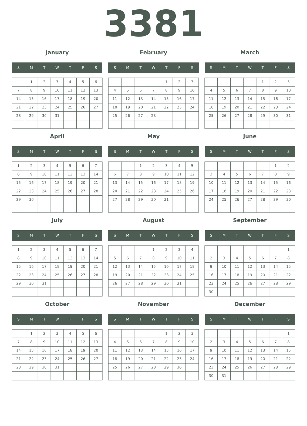 Printable 3381 Year Calendars feldgrau
