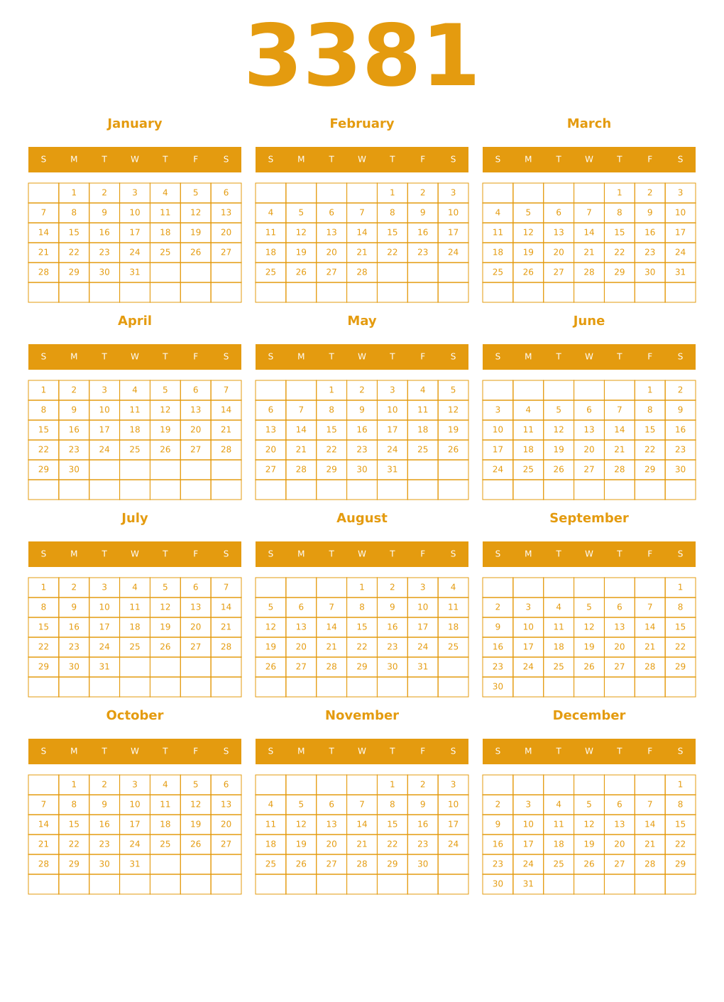 Printable 3381 Year Calendars gamboge
