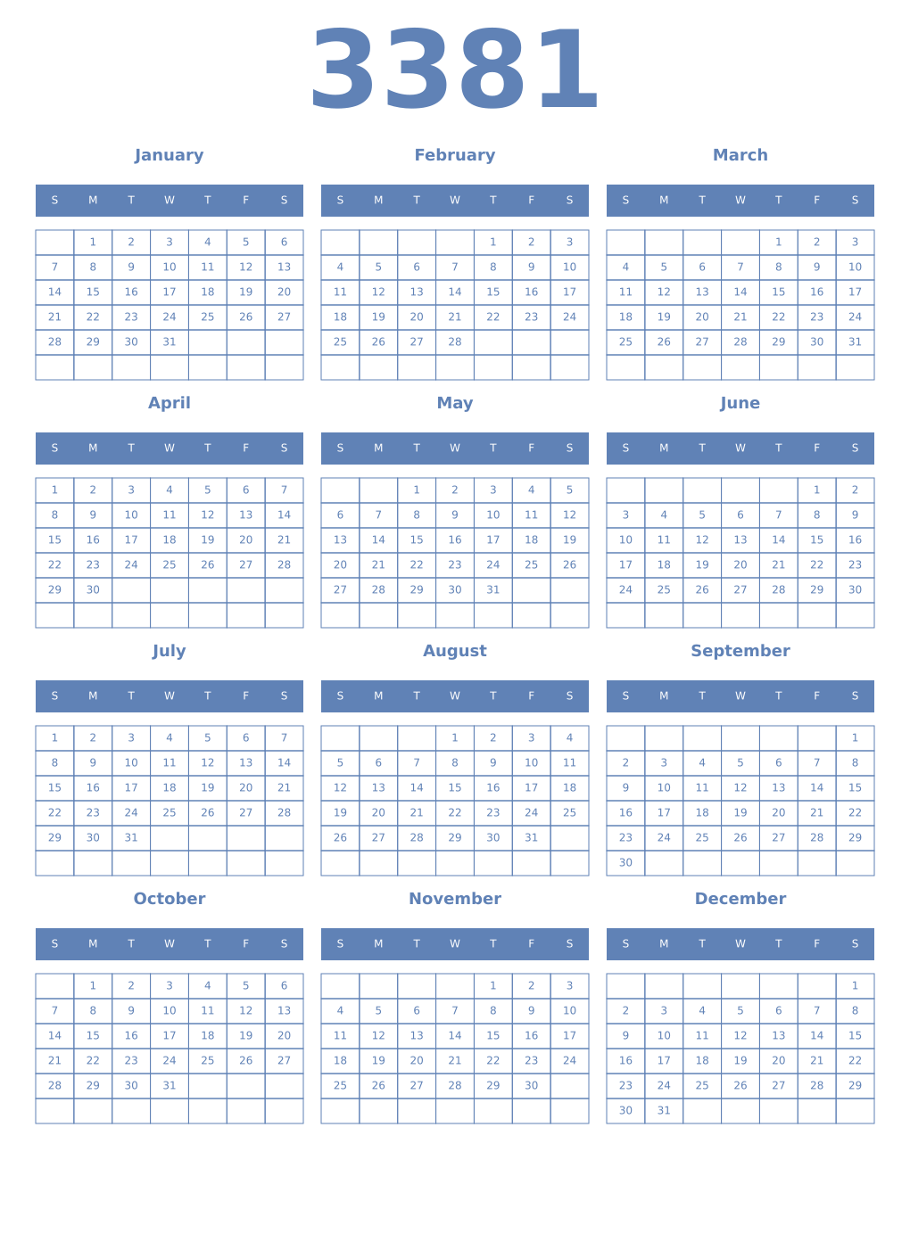 Printable 3381 Year Calendars glaucous