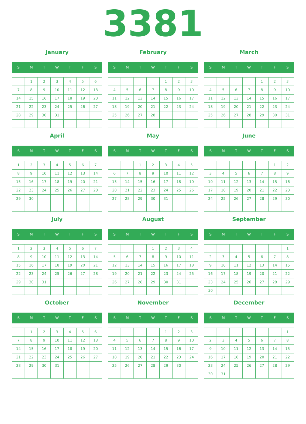 Printable 3381 Year Calendars green