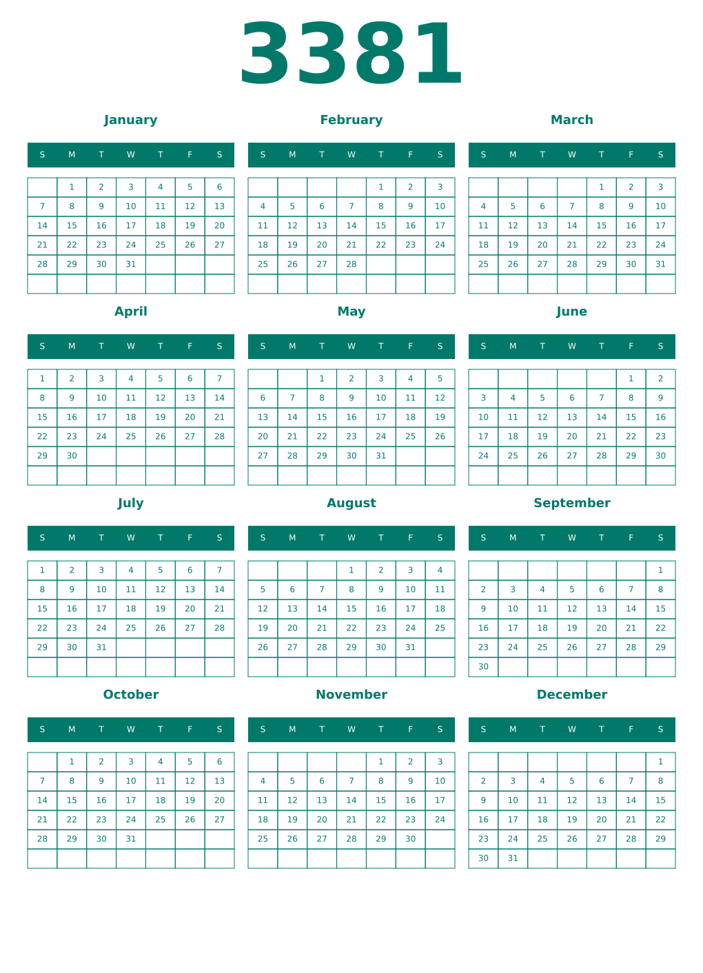 Printable 3381 Year Calendars pastel