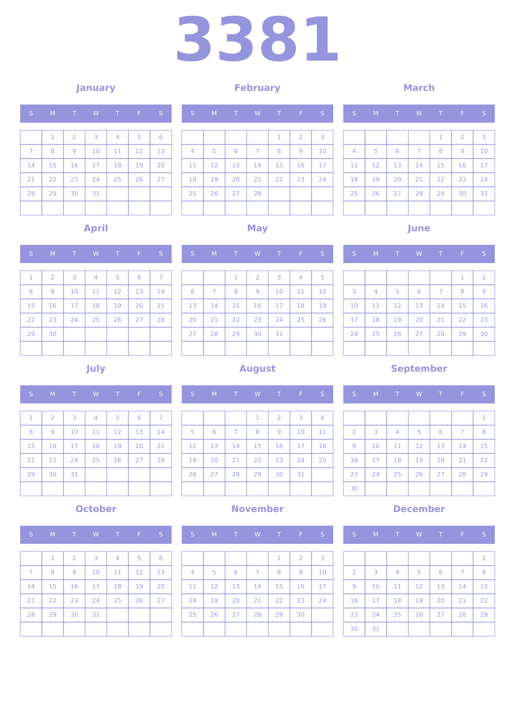 Printable 3381 Year Calendars periwinkle