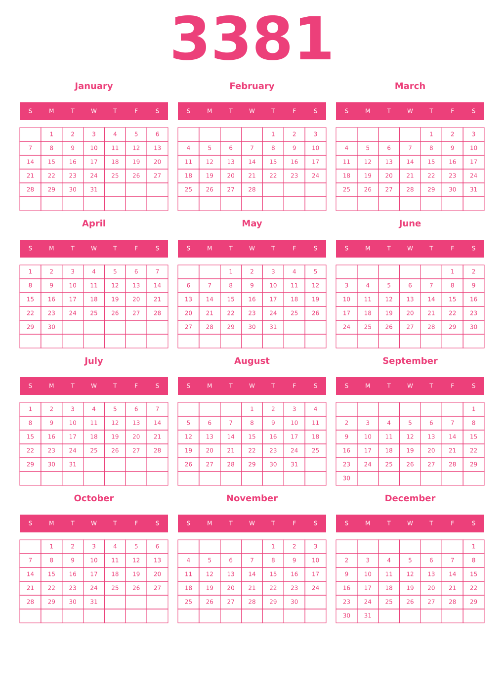 Printable 3381 Year Calendars pink