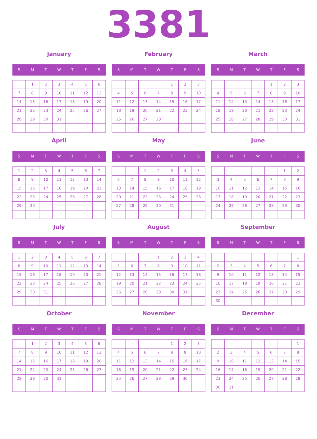 Printable 3381 Year Calendars purple