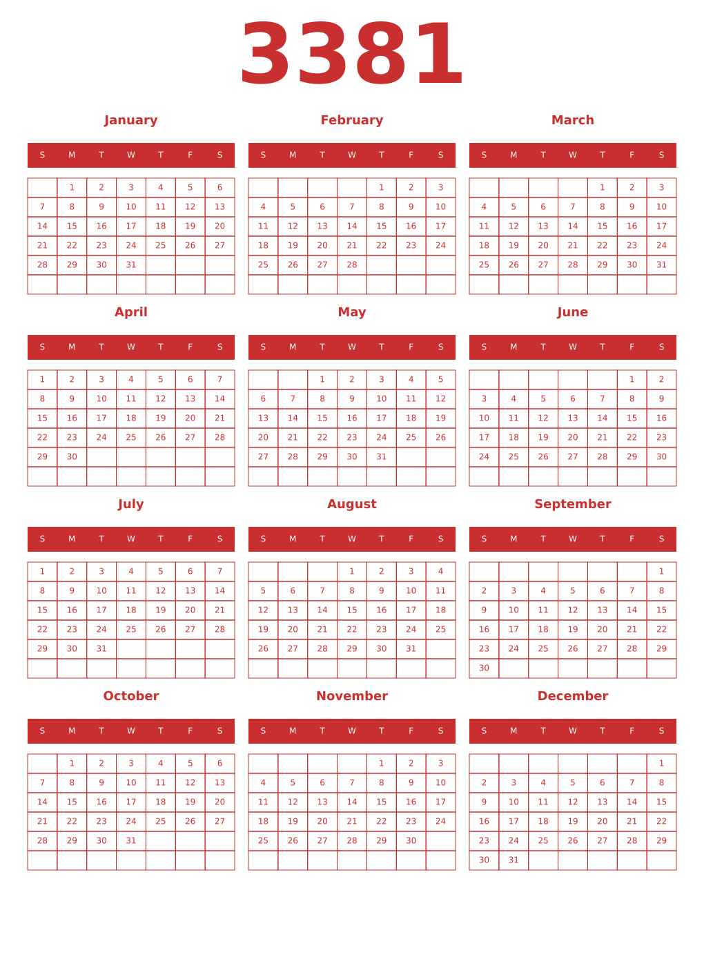 Printable 3381 Year Calendars red