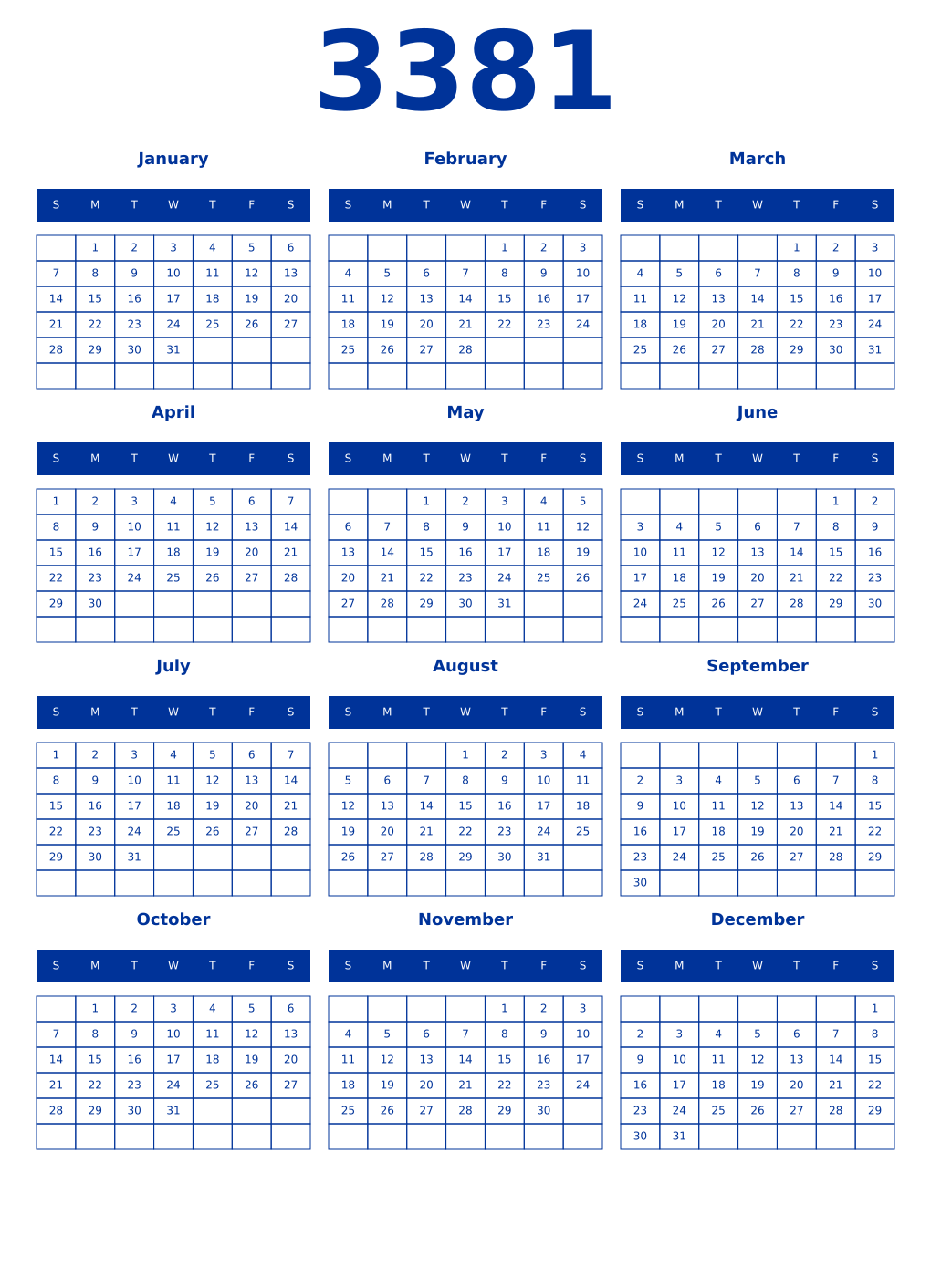 Printable 3381 Year Calendars smalt