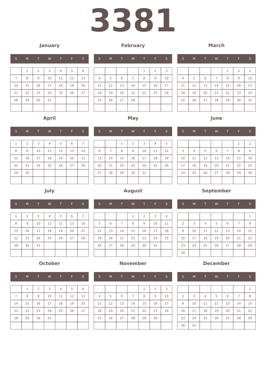 Printable 3381 Year Calendars wenge