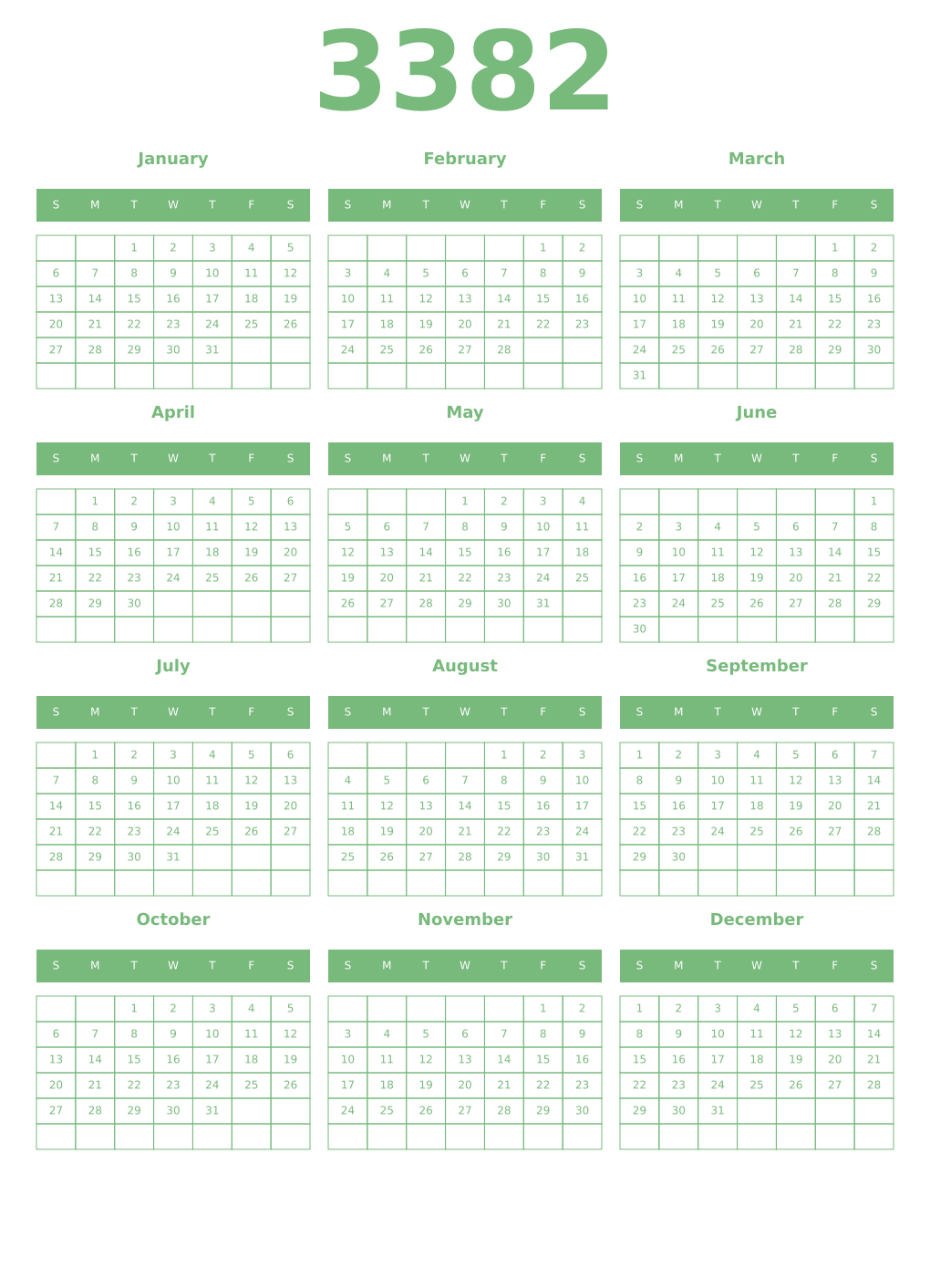Printable 3382 Year Calendars celadon