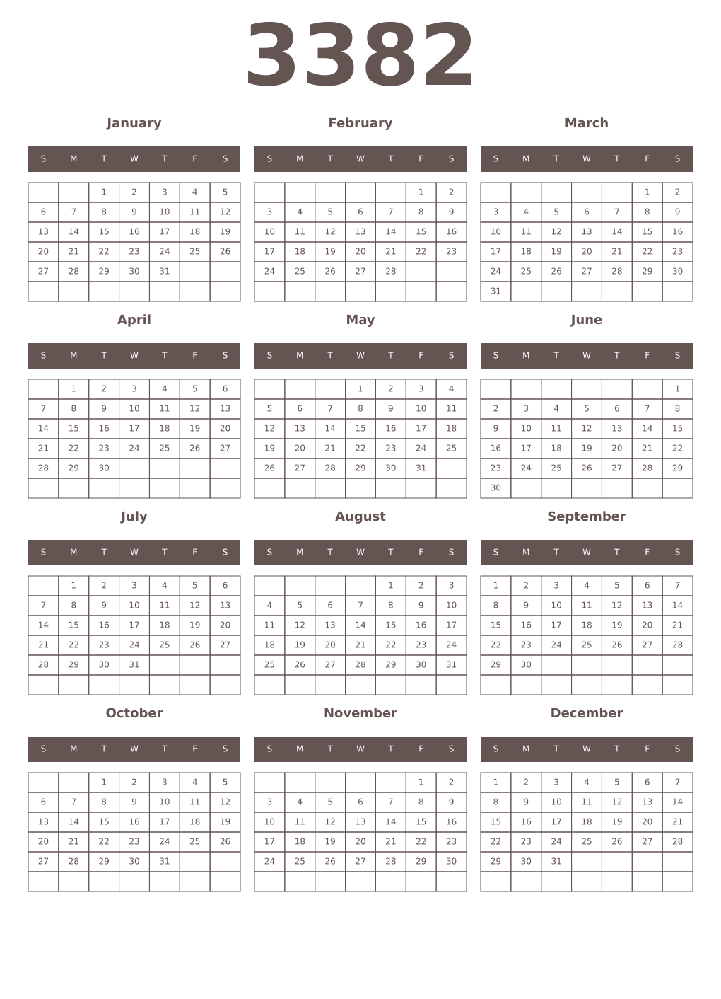 Printable 3382 Year Calendars wenge