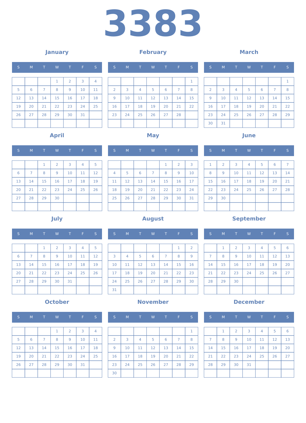 Printable 3383 Year Calendars glaucous