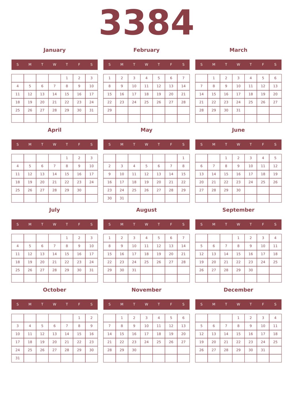Printable 3384 Year Calendars cordovan