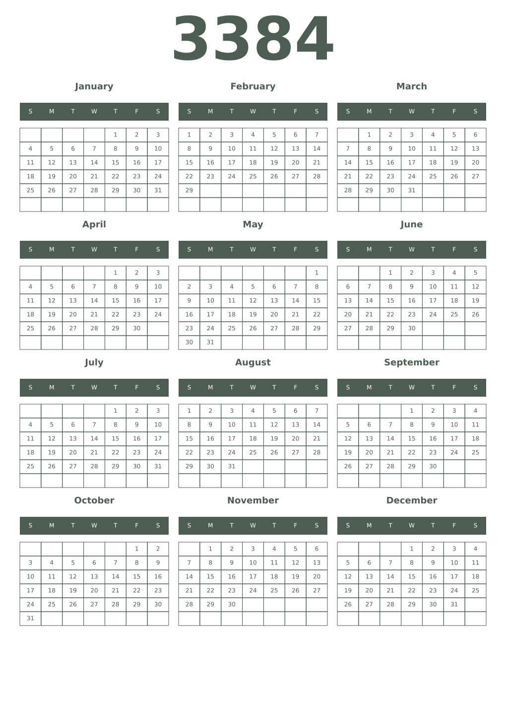 Printable 3384 Year Calendars feldgrau