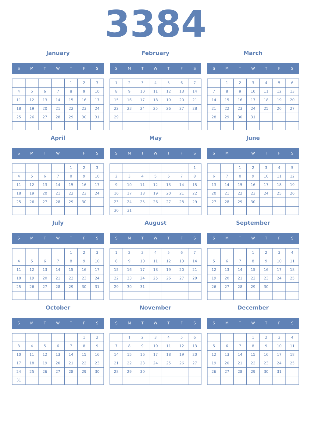 Printable 3384 Year Calendars glaucous