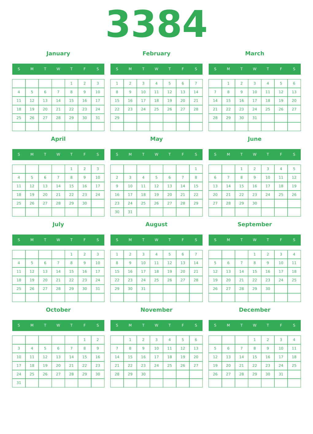 Printable 3384 Year Calendars green