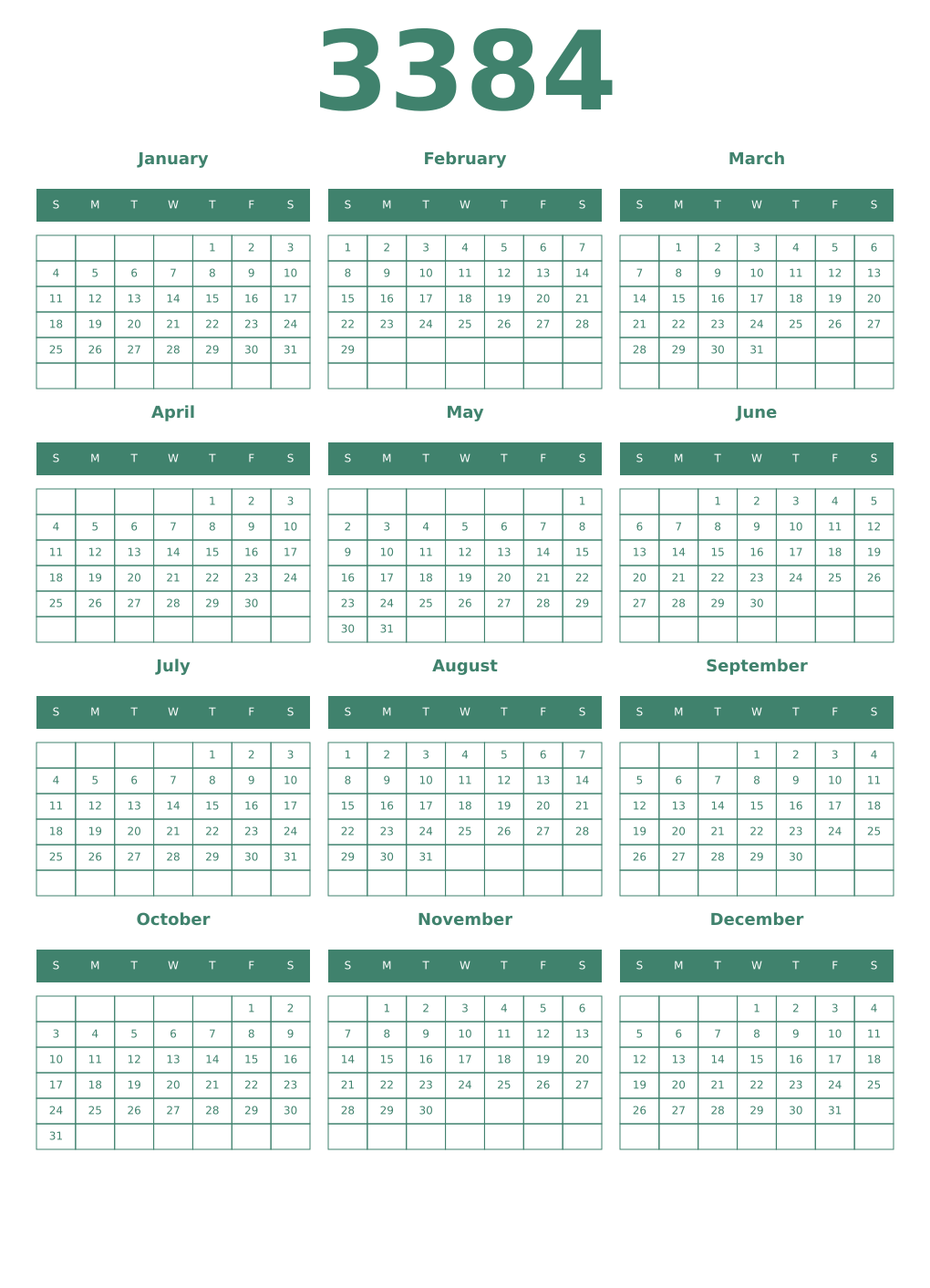 Printable 3384 Year Calendars viridian