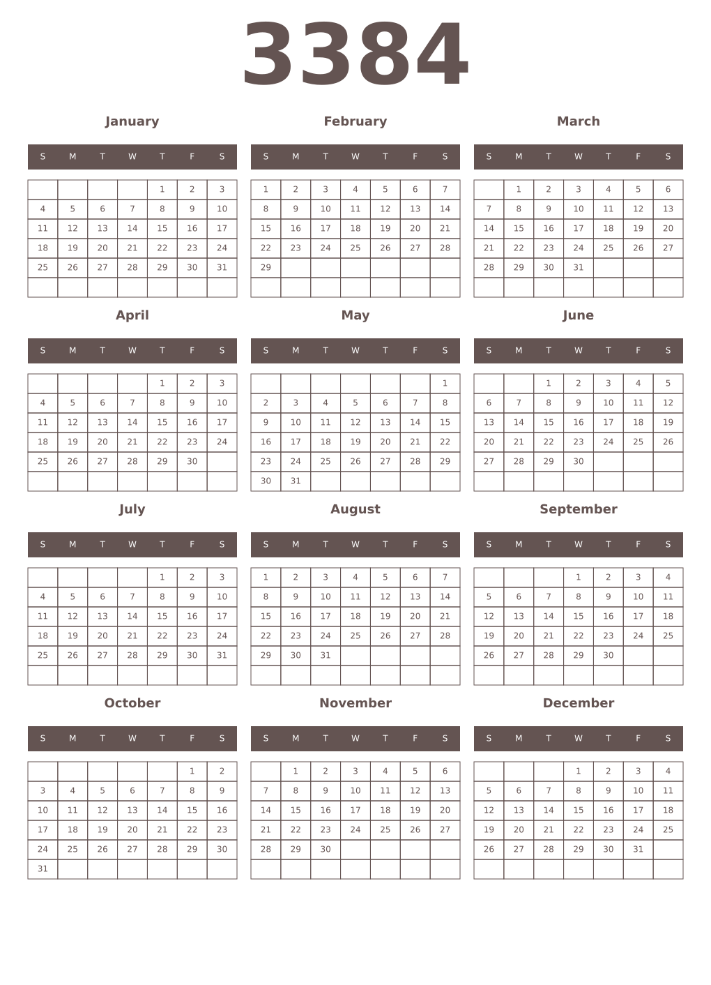 Printable 3384 Year Calendars wenge